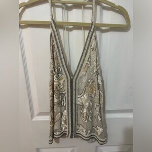 Free People Beaded Tank Top in Gold and Cream